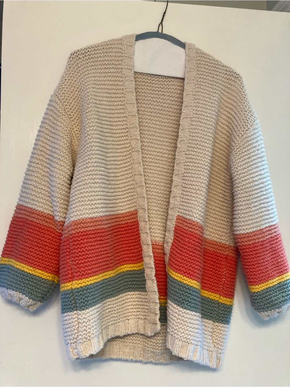 Marine Layer Beige Open-Front Cardigan with Coral, Yellow & Sage Stripes